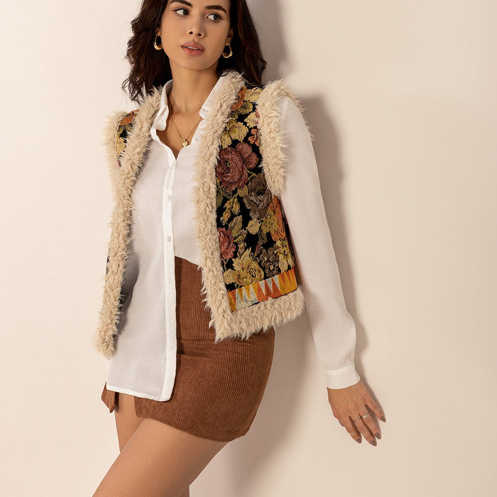 
                  
                    Embroidered Fuzzy Trim Open Front Vest Coat
                  
                