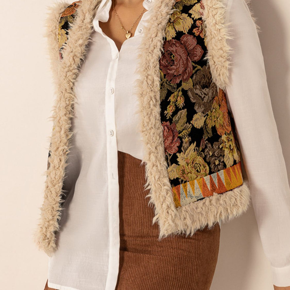 
                  
                    Embroidered Fuzzy Trim Open Front Vest Coat
                  
                