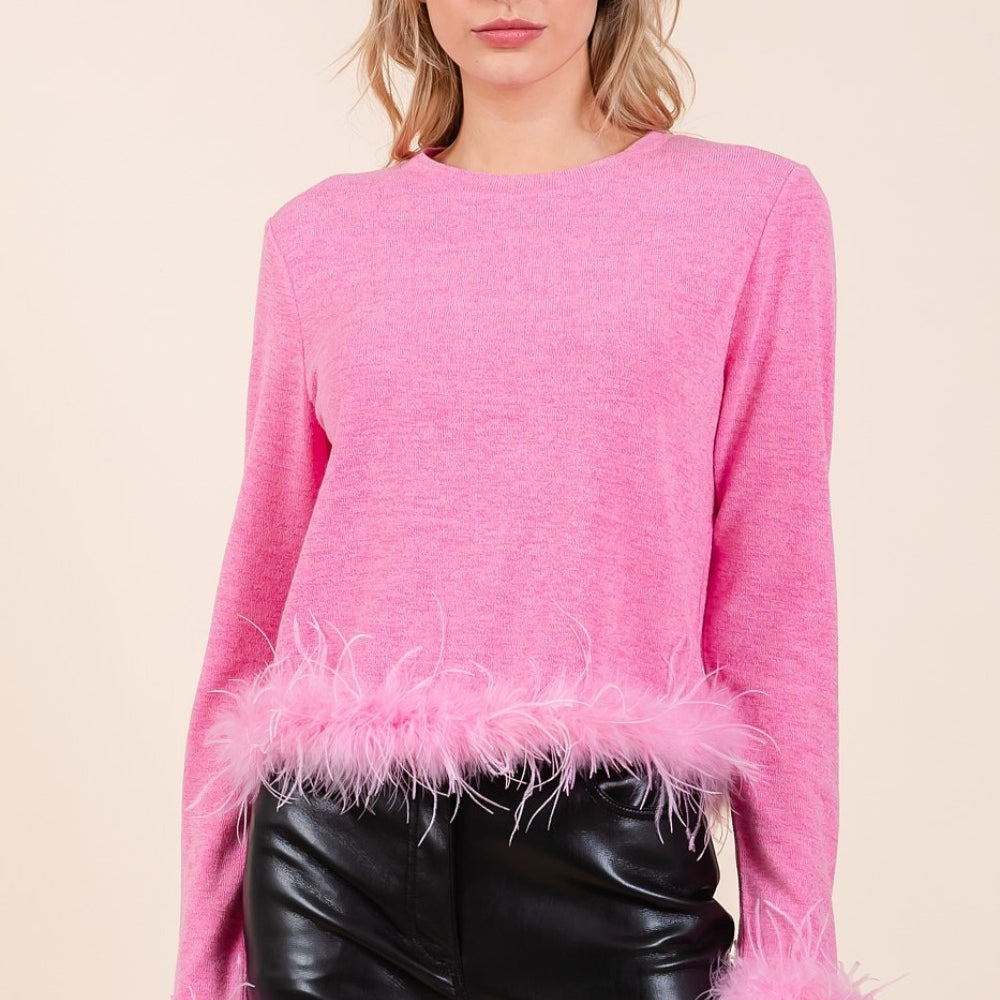 Feather Trim Long Sleeve Crop Hacci Knit Top