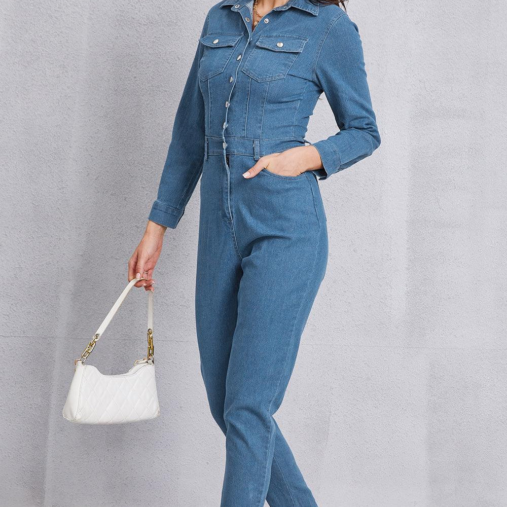 
                      
                        Snap Down Denim Jumpsuit with Pockets
                      
                    