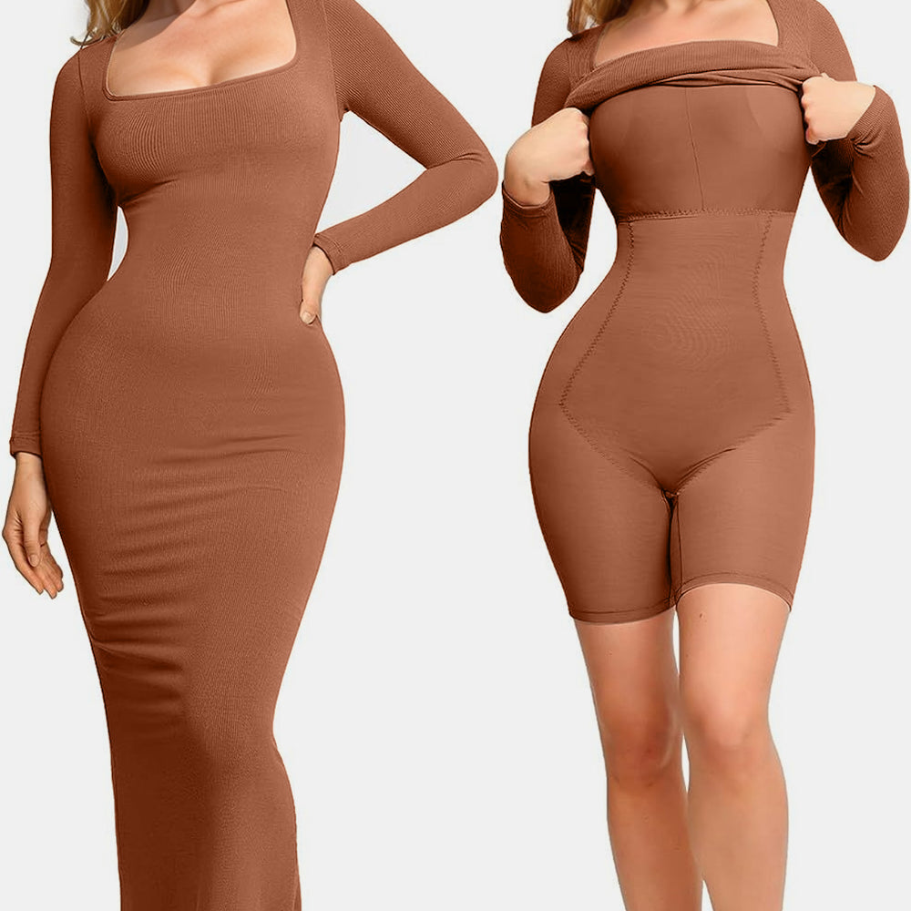 Built-In Shapewear Square Neck Long Sleeve Maxi Dress