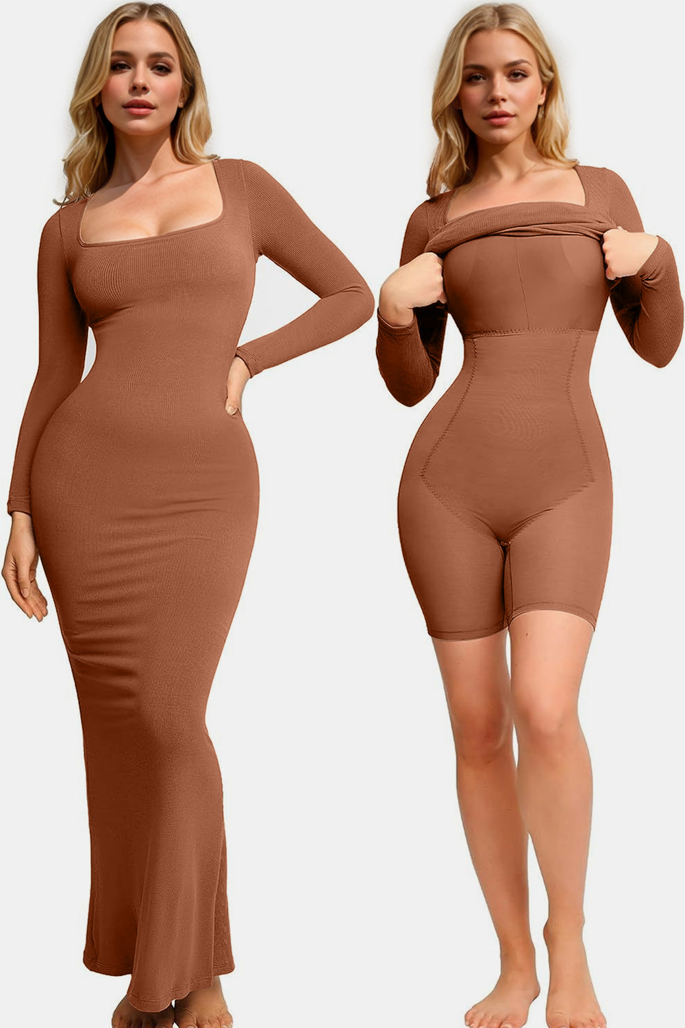 Built-In Shapewear Square Neck Long Sleeve Maxi Dress