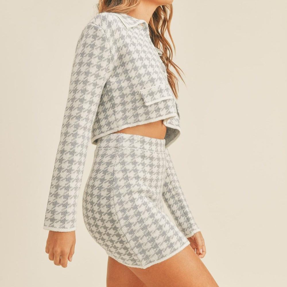 
                      
                        Houndstooth Cropped Knit Cardigan and Mini Skirt Set
                      
                    