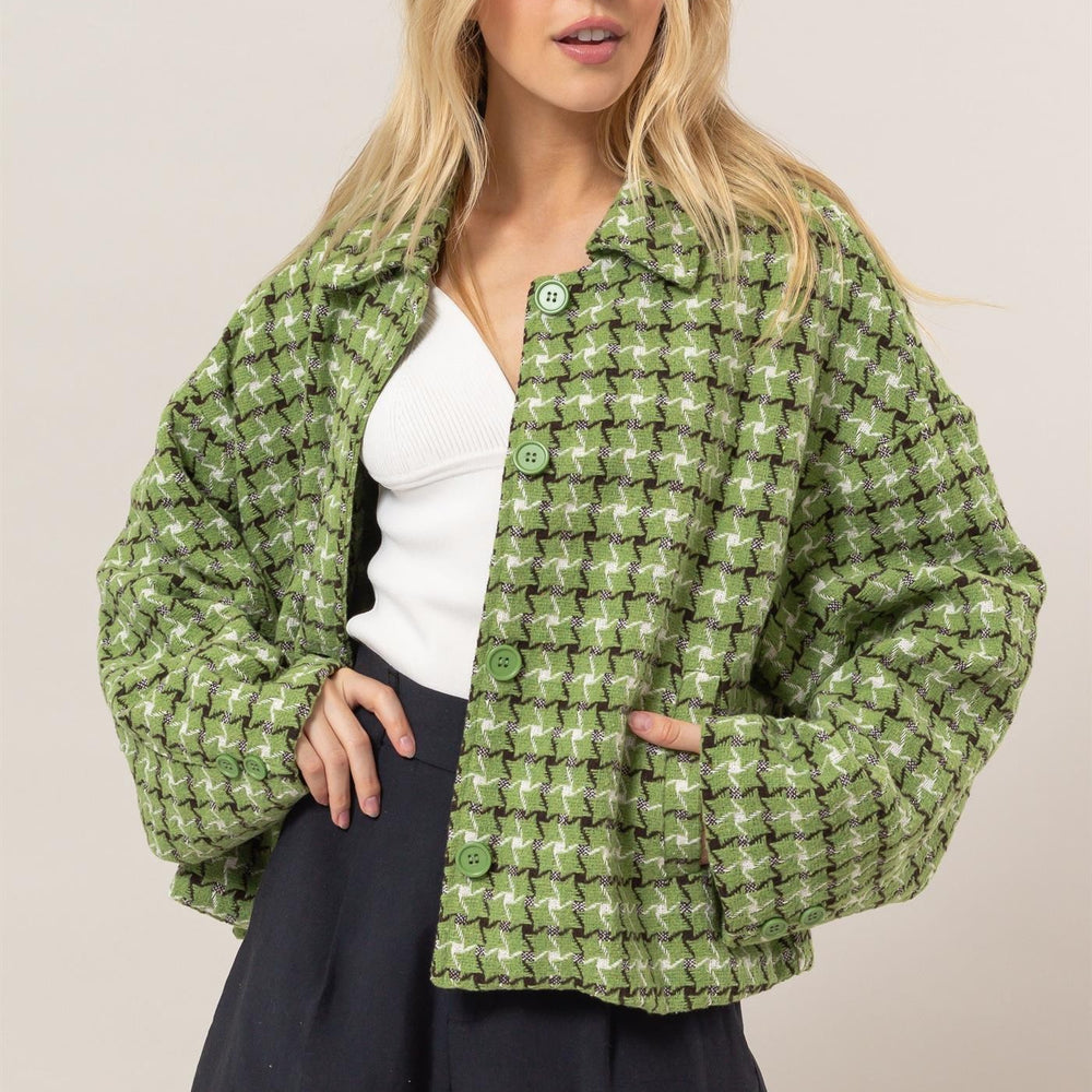 Tweed Plaid Button Up Collared Neck Jacket