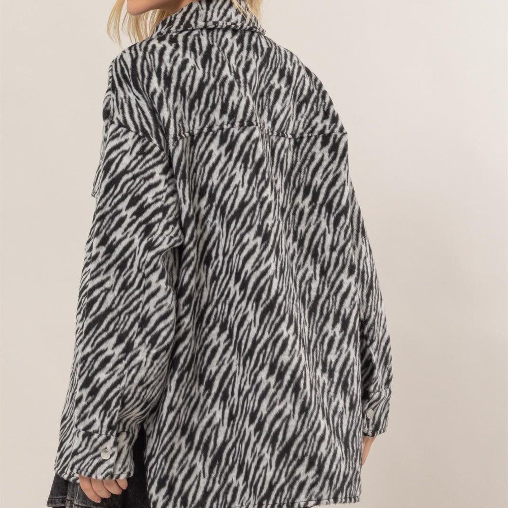 
                  
                    Zebra Print Snap Down Long Sleeve Shacket
                  
                