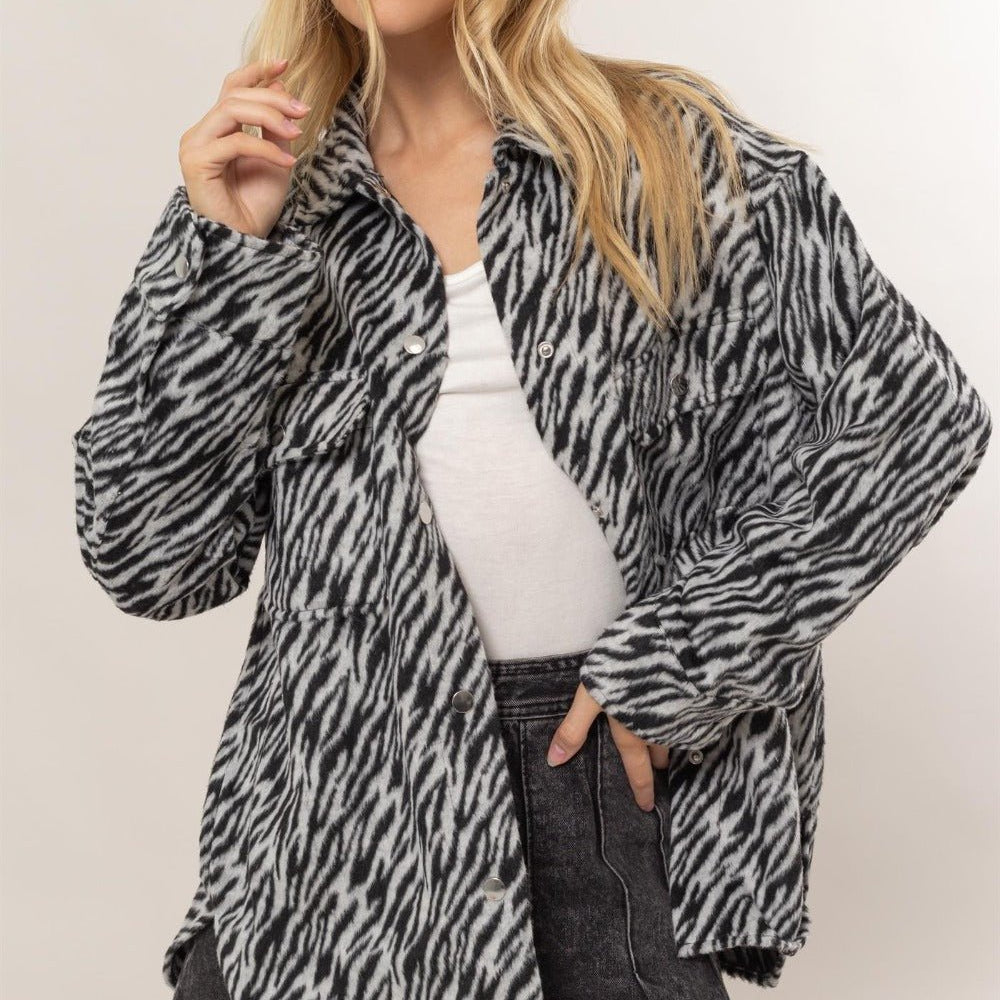 Zebra Print Snap Down Long Sleeve Shacket