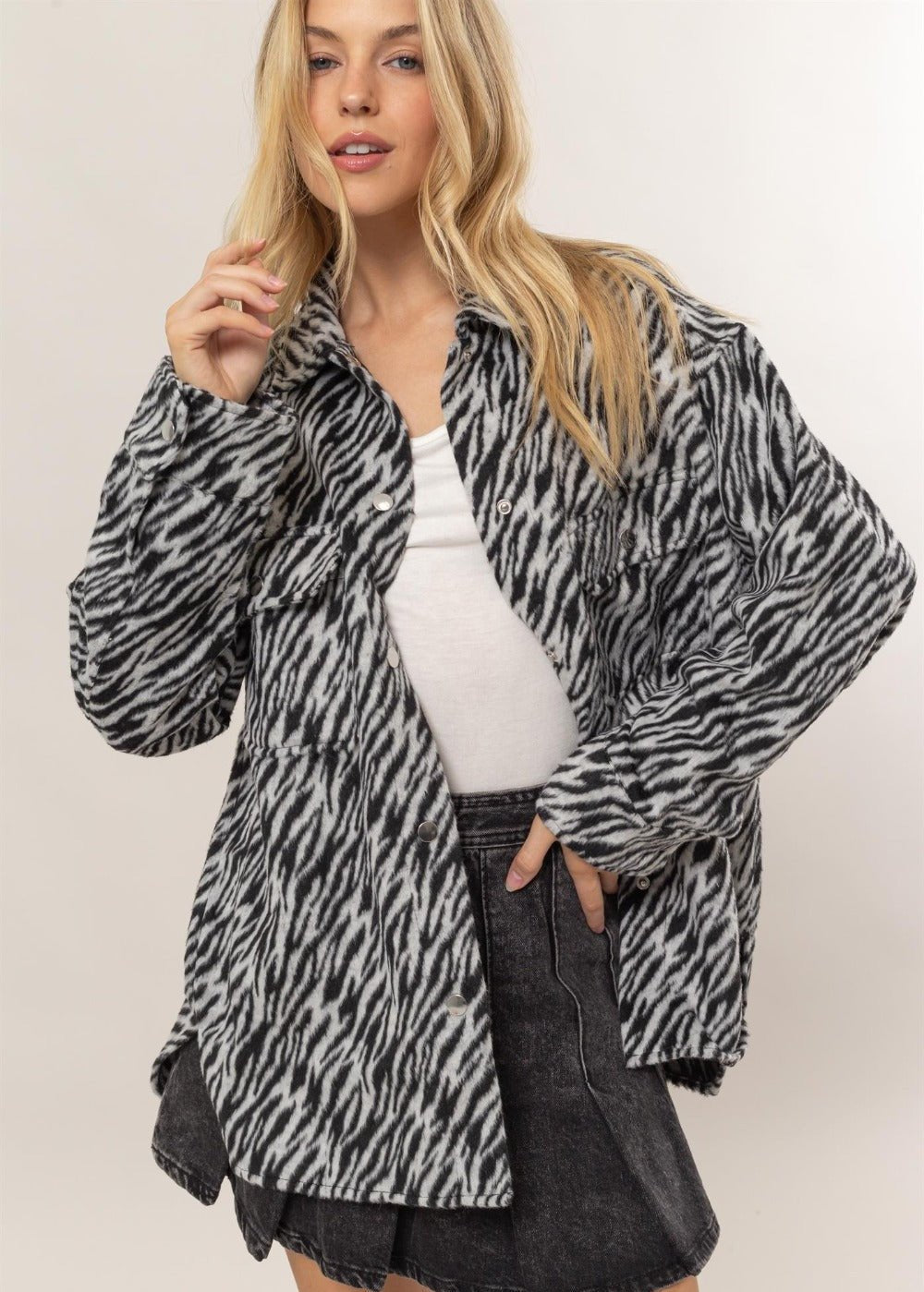 Zebra Print Snap Down Long Sleeve Shacket