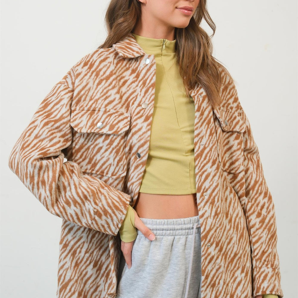 
                  
                    Brown Zebra Print Snap Down Long Sleeve Shacket
                  
                