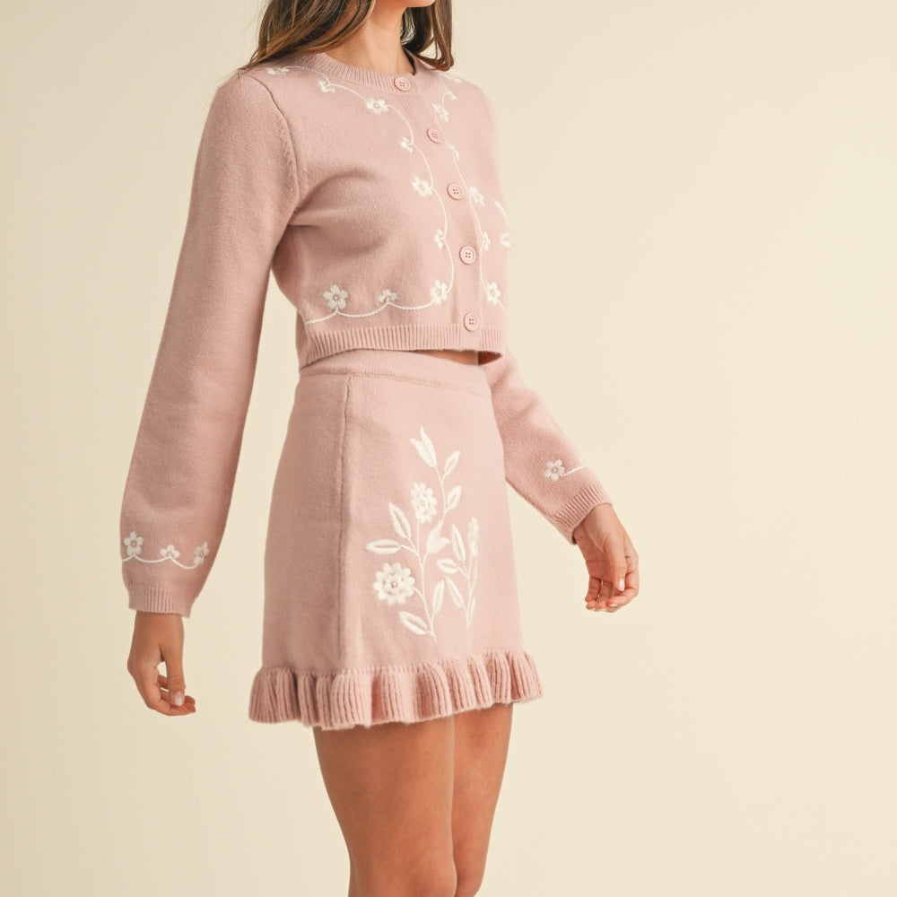 
                      
                        Floral Embroidered Crop Cardigan and Ruffled Mini Skirt Set
                      
                    