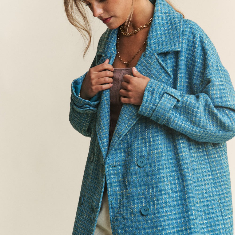 
                      
                        Tweed Double-Breasted Long Sleeve Coat
                      
                    