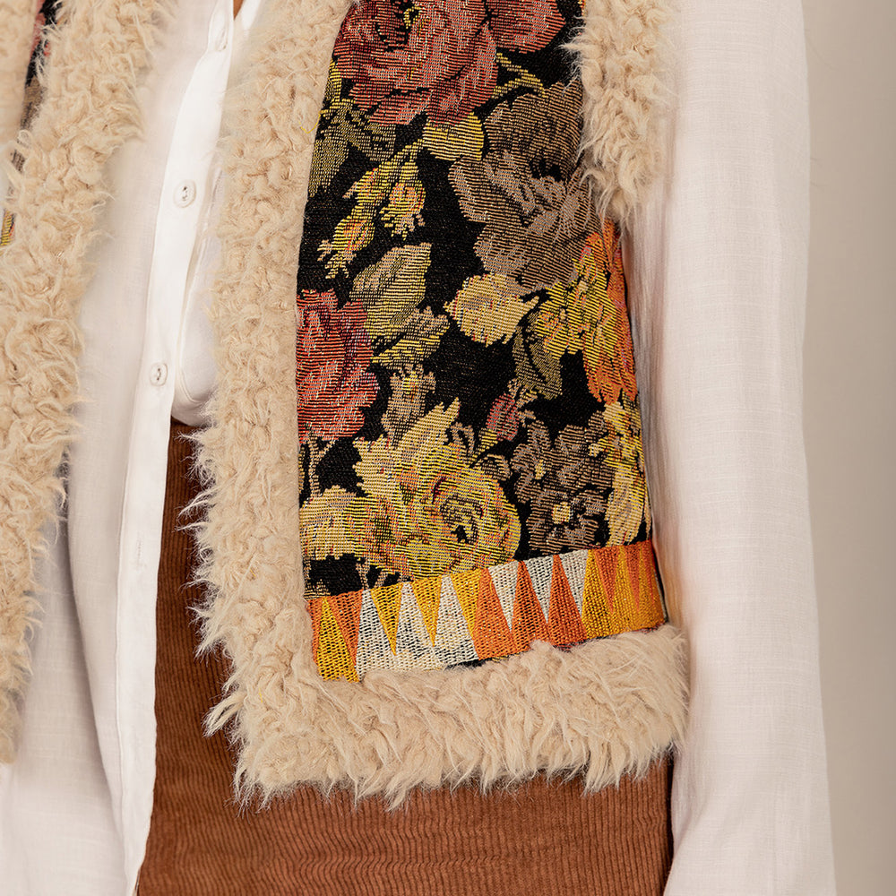 
                  
                    Embroidered Fuzzy Trim Open Front Vest Coat
                  
                