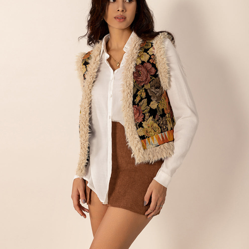 
                  
                    Embroidered Fuzzy Trim Open Front Vest Coat
                  
                