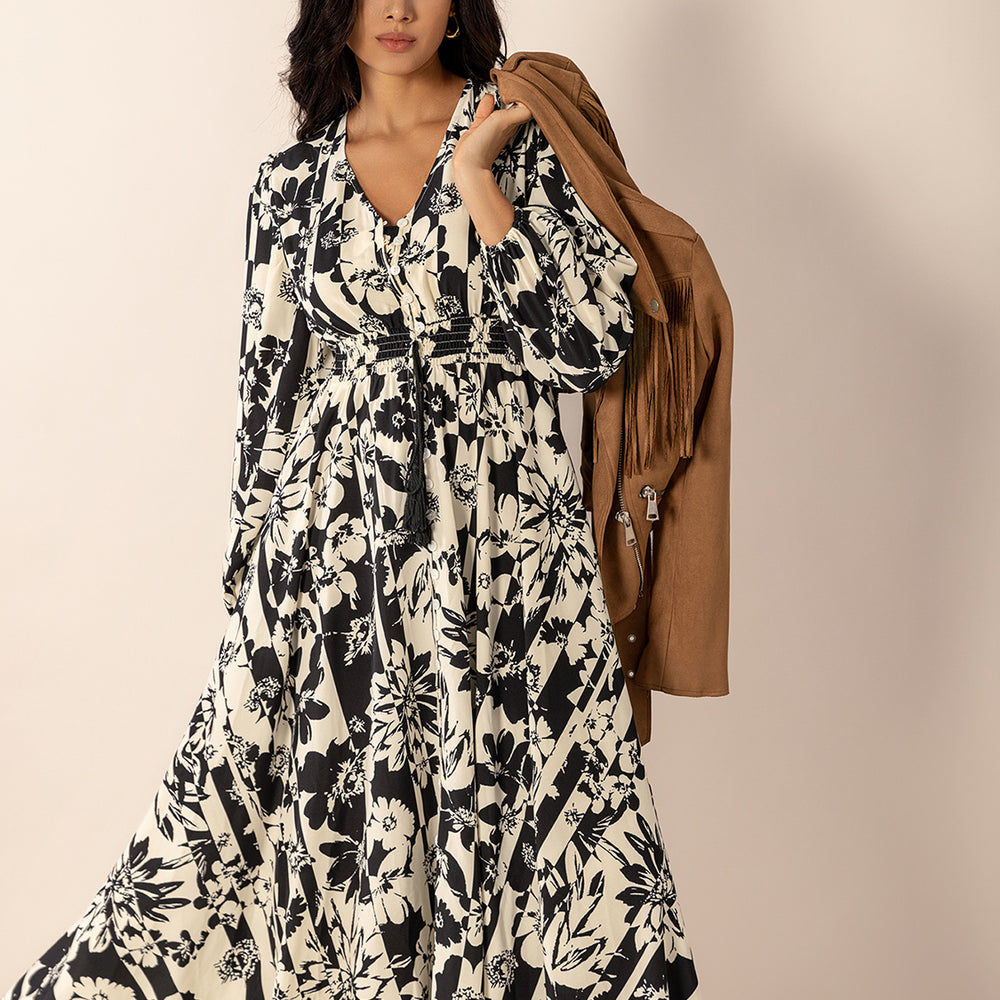 
                  
                    Tied Printed V-Neck Long Sleeve Midi Dress
                  
                