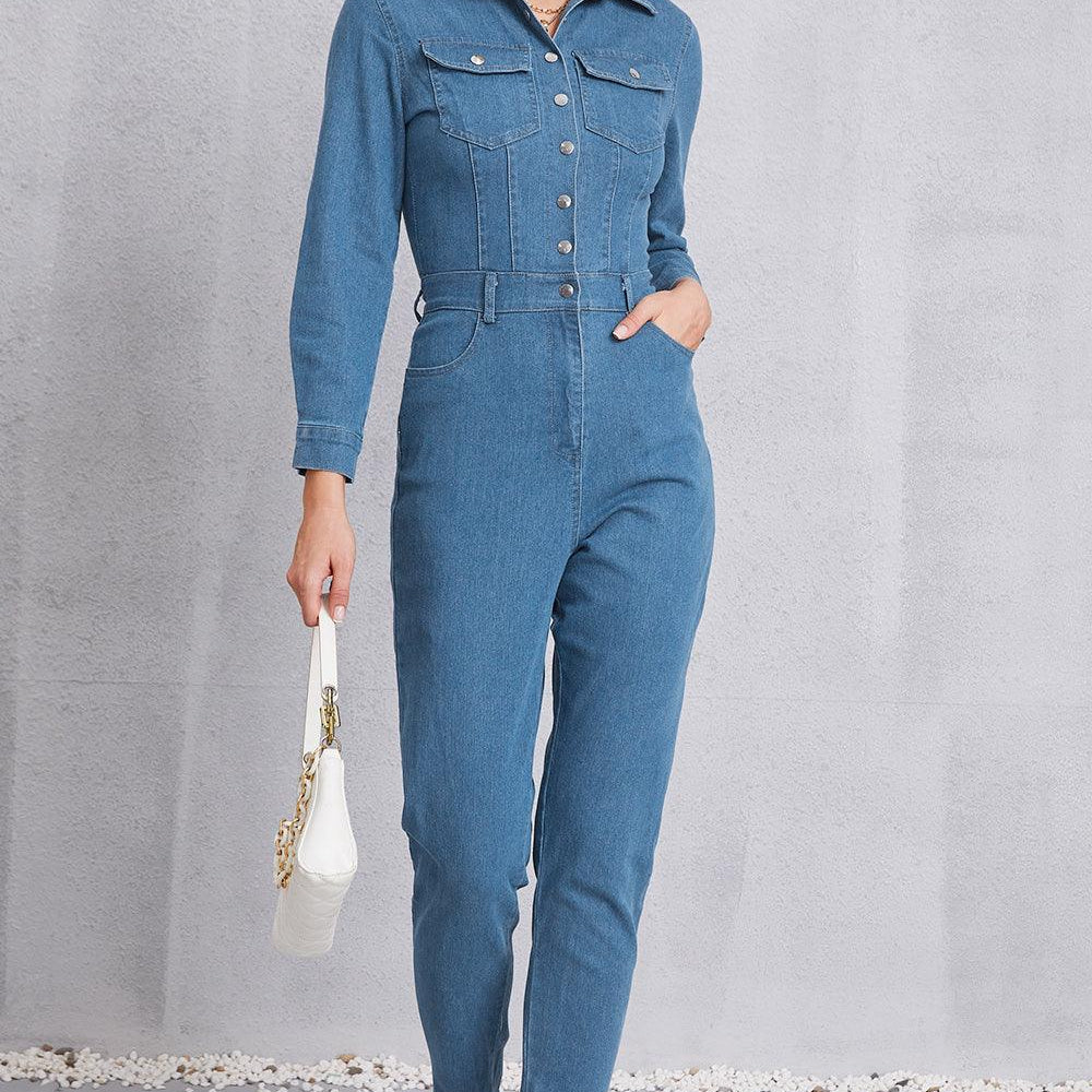 
                      
                        Snap Down Denim Jumpsuit with Pockets
                      
                    