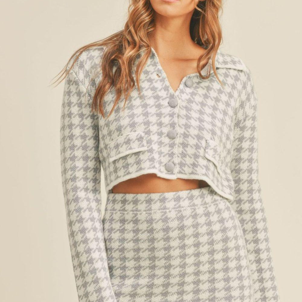 
                      
                        Houndstooth Cropped Knit Cardigan and Mini Skirt Set
                      
                    