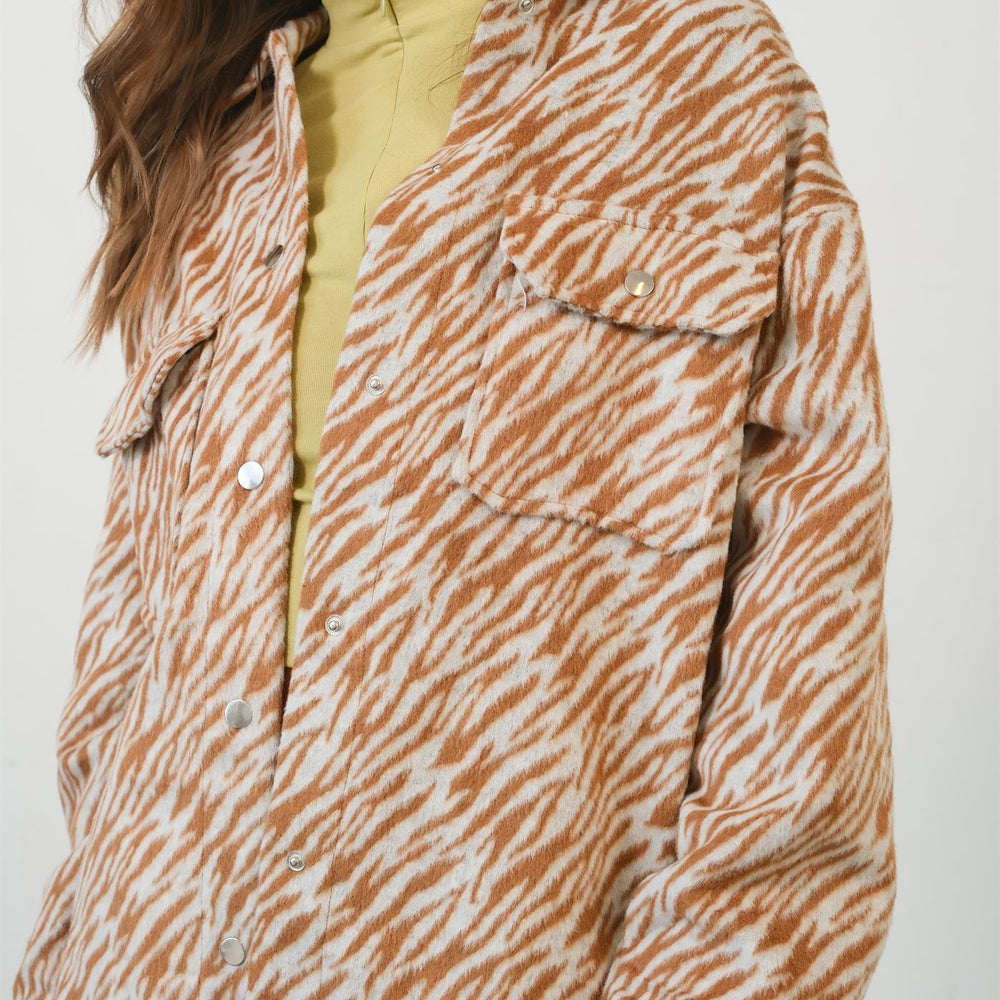 Brown Zebra Print Snap Down Long Sleeve Shacket