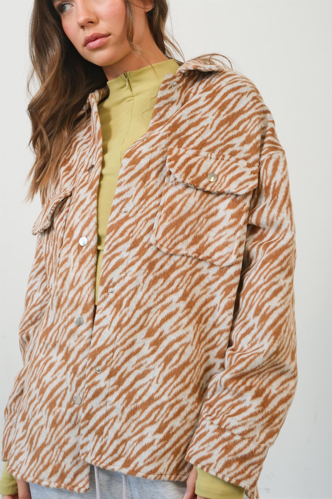 Brown Zebra Print Snap Down Long Sleeve Shacket