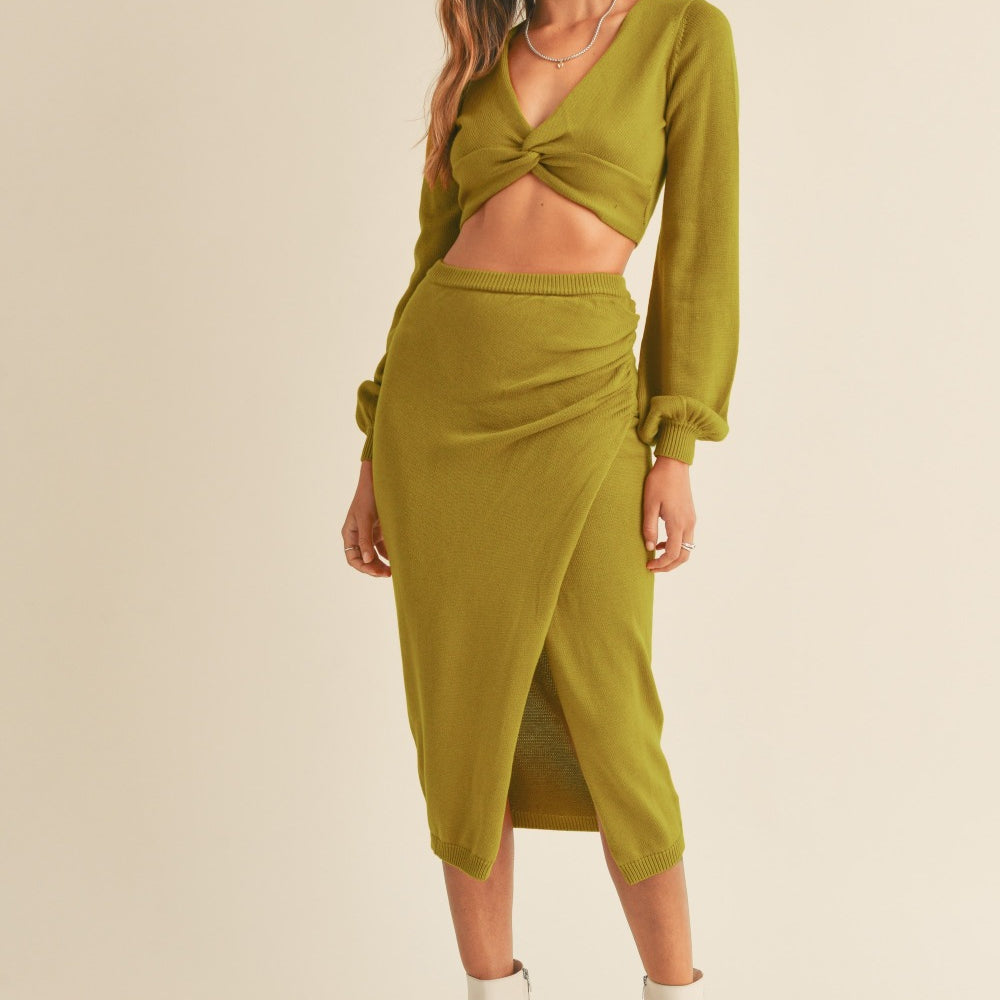 Front Twisted Knit Top and Midi Skirt Set Green