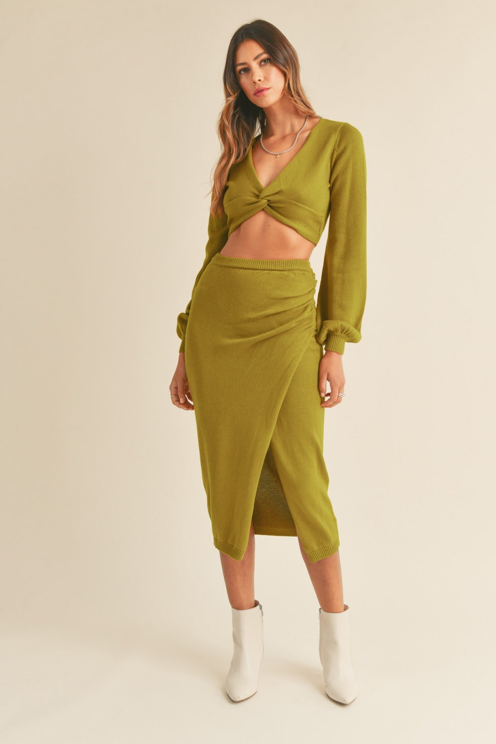 Front Twisted Knit Top and Midi Skirt Set Green