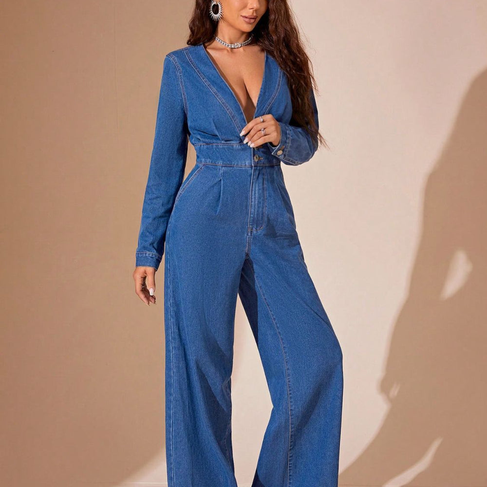 
                  
                    Plunge Long Sleeve Wide Leg Denim Jumpsuit
                  
                