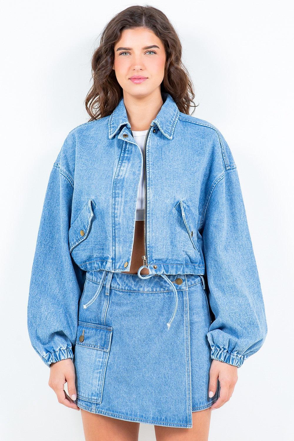 AB Drawstring Waist Crop Denim Jacket