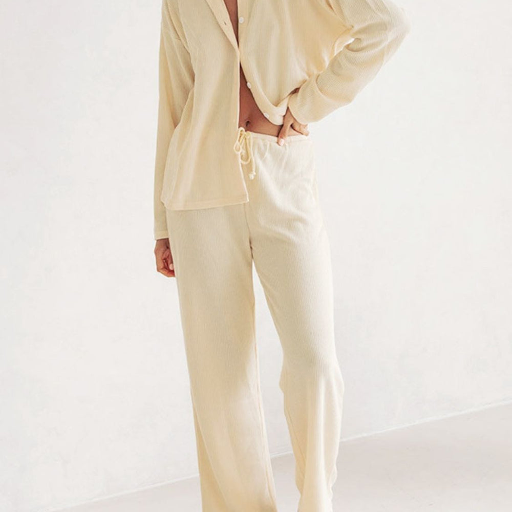 
                      
                        Collared Neck Long Sleeve Top and Drawstring Pants Set
                      
                    