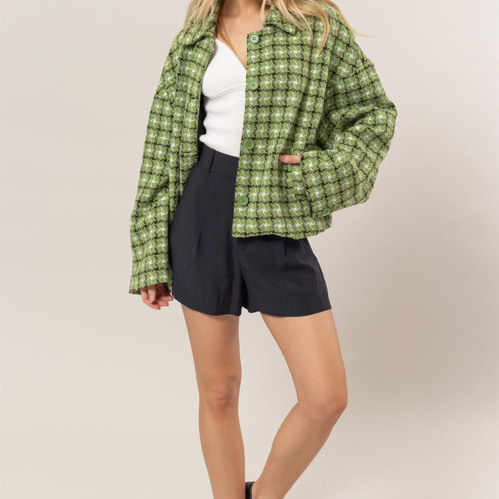 
                  
                    Tweed Plaid Button Up Collared Neck Jacket
                  
                