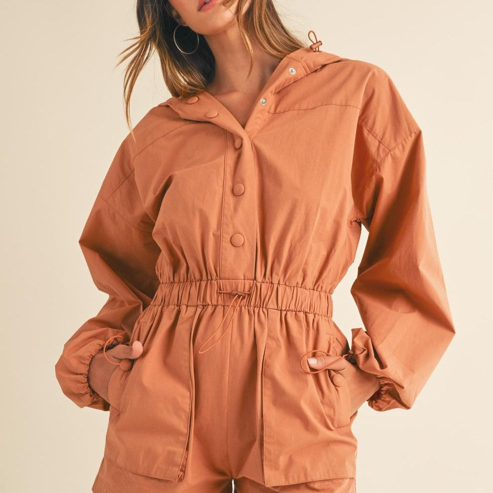 Snap Down Long Sleeve Hooded Romper