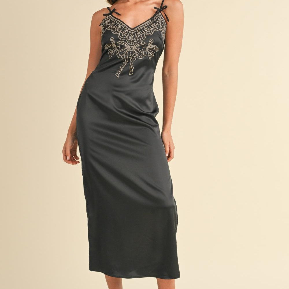 
                      
                        Embroidered Cami Satin Midi Slit Dress
                      
                    