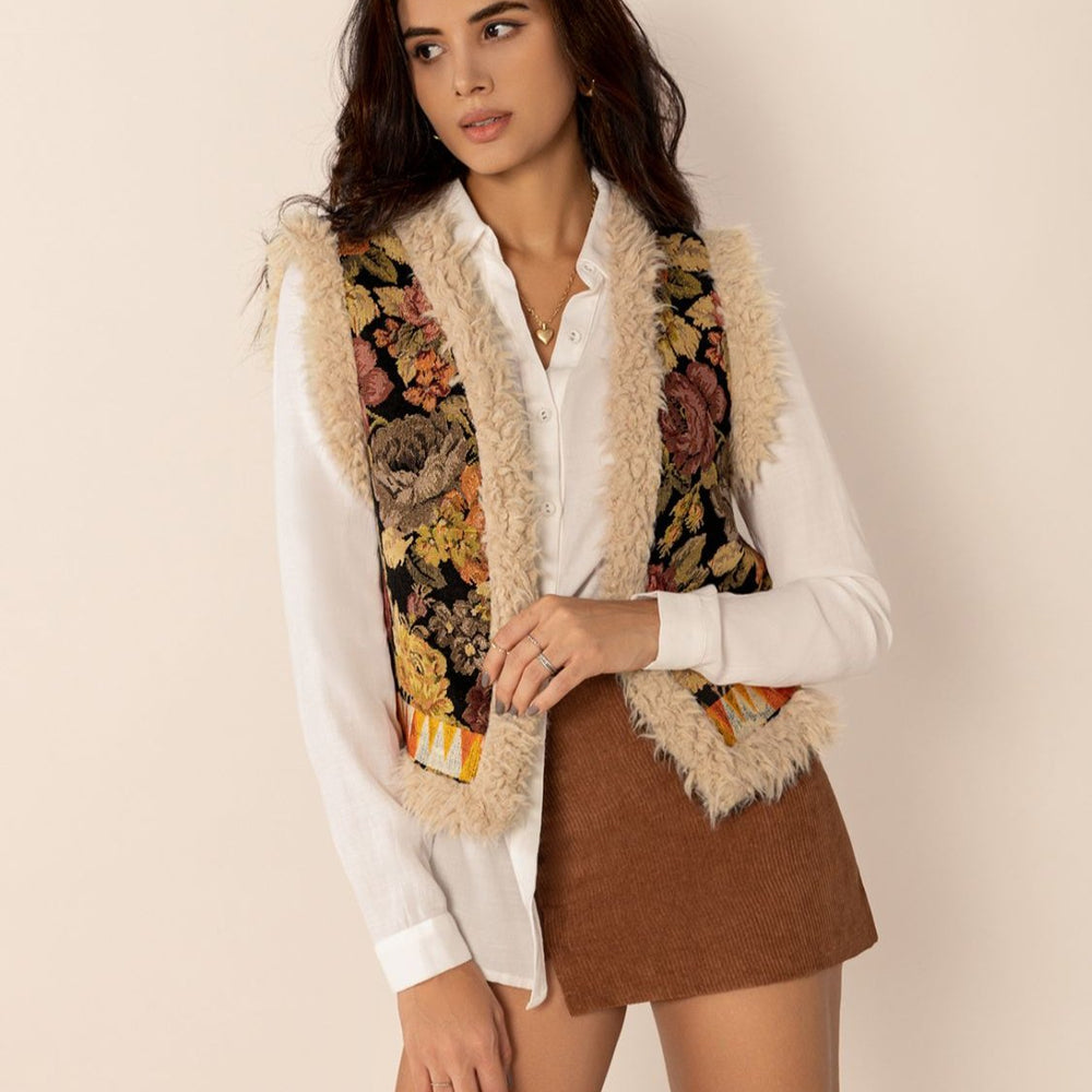 Embroidered Fuzzy Trim Open Front Vest Coat