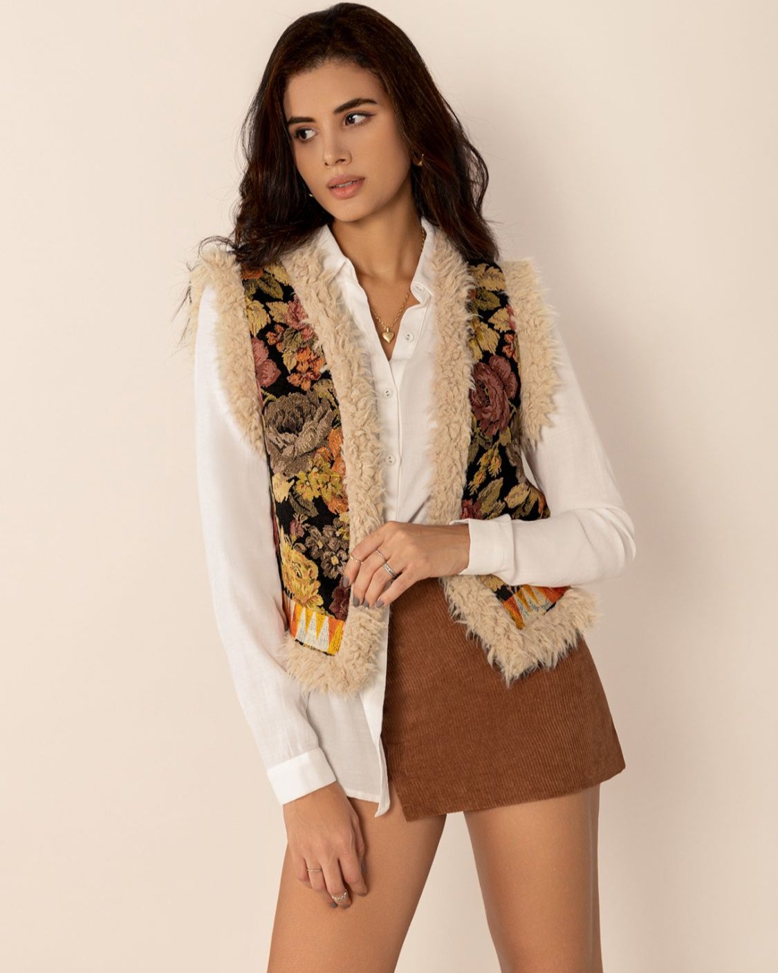 Embroidered Fuzzy Trim Open Front Vest Coat