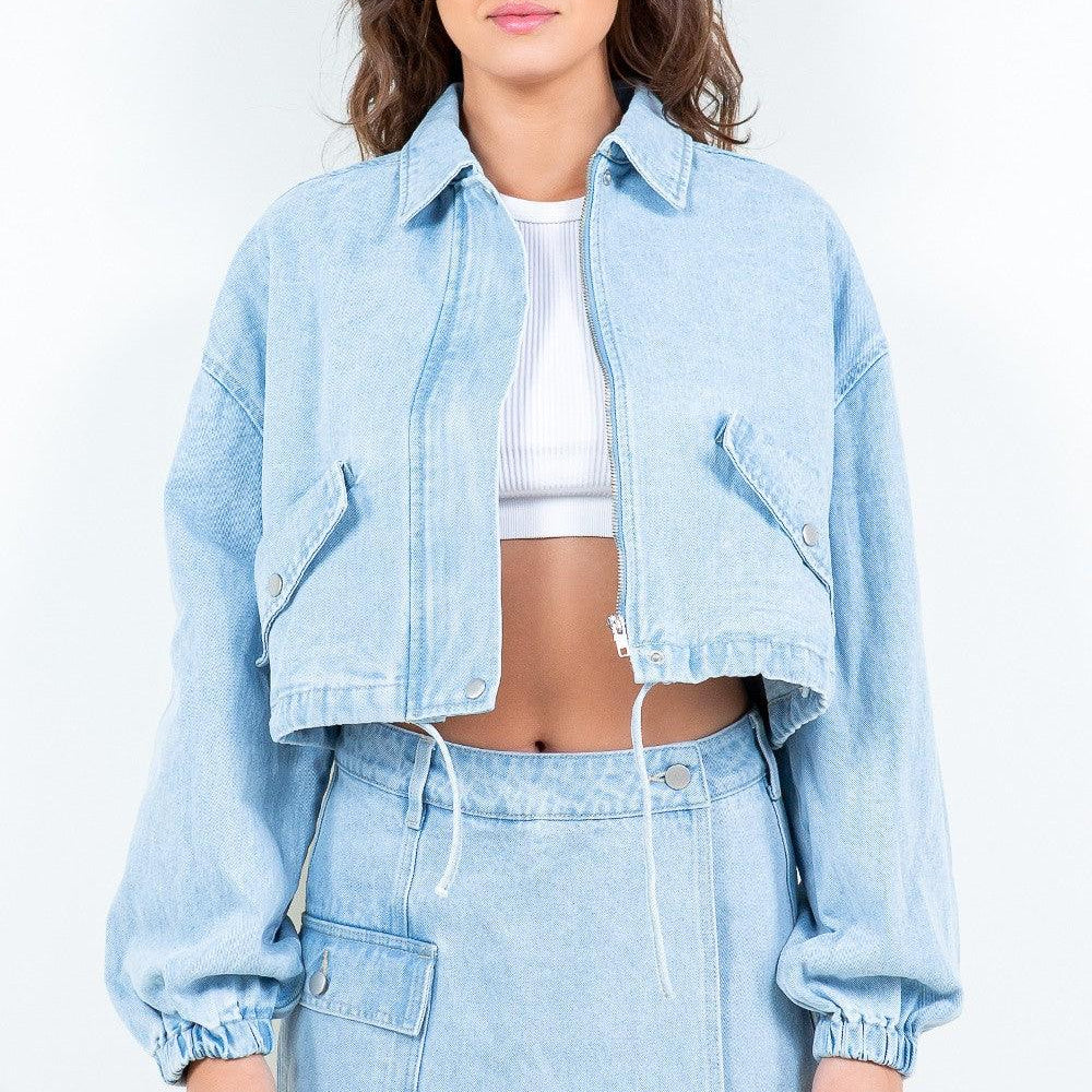 AB Drawstring Waist Crop Denim Jacket