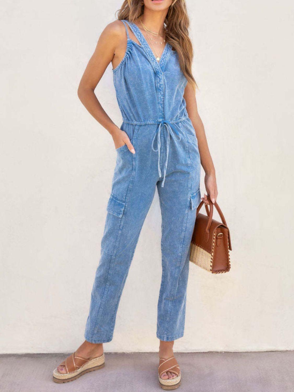 V-Neck Sleeveless Denim Jumpsuit Jumpsuits