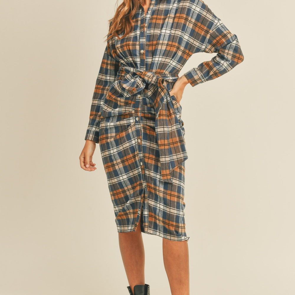 Plaid Flannel Front Tie Button Down Shirt Dress