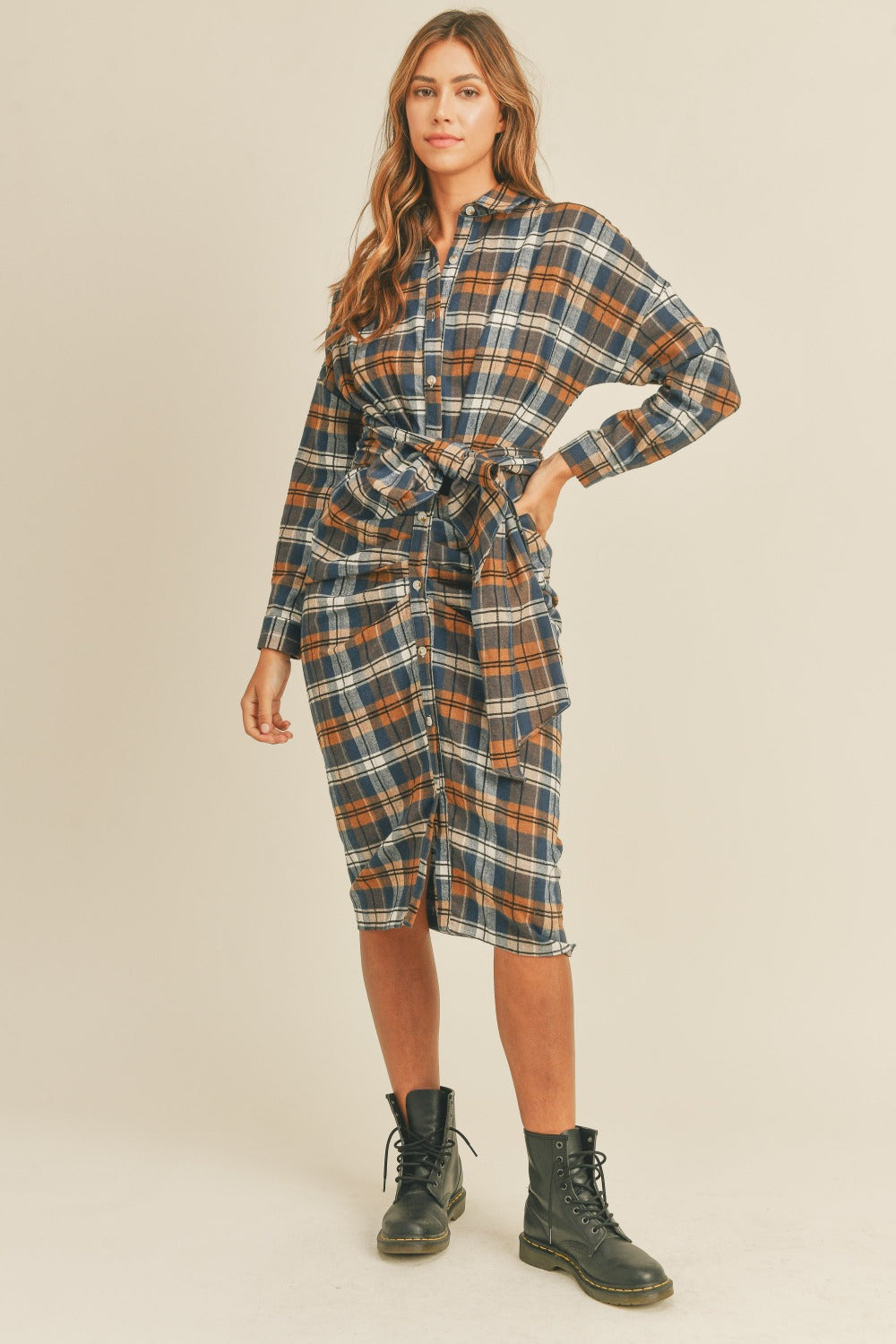 Plaid Flannel Front Tie Button Down Shirt Dress