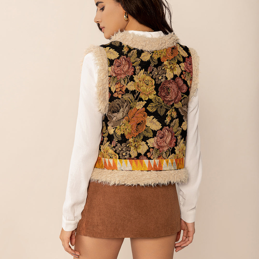 
                  
                    Embroidered Fuzzy Trim Open Front Vest Coat
                  
                