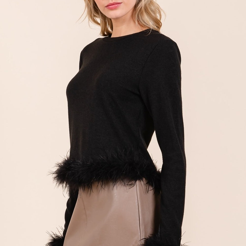 
                      
                        Feather Trim Long Sleeve Crop Hacci Knit Top
                      
                    