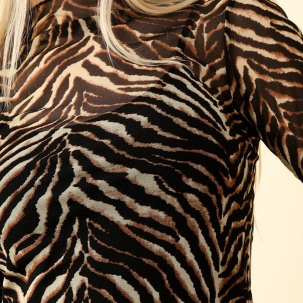 
                  
                    Zebra Print Mock Neck Sheer Mesh Blouse
                  
                