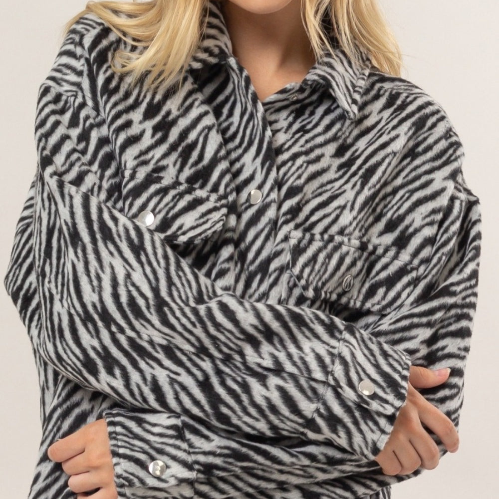 
                  
                    Zebra Print Snap Down Long Sleeve Shacket
                  
                