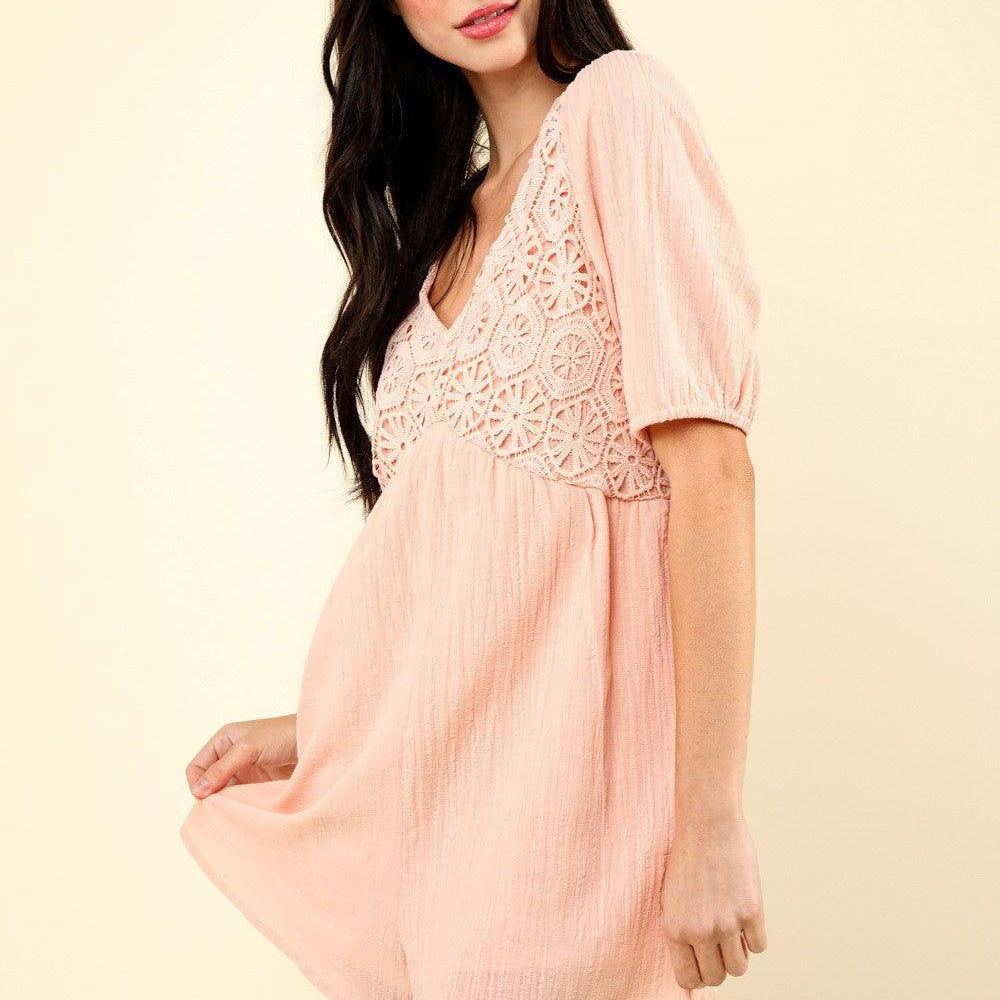 Lace Detail Puff Sleeve Romper with Pockets