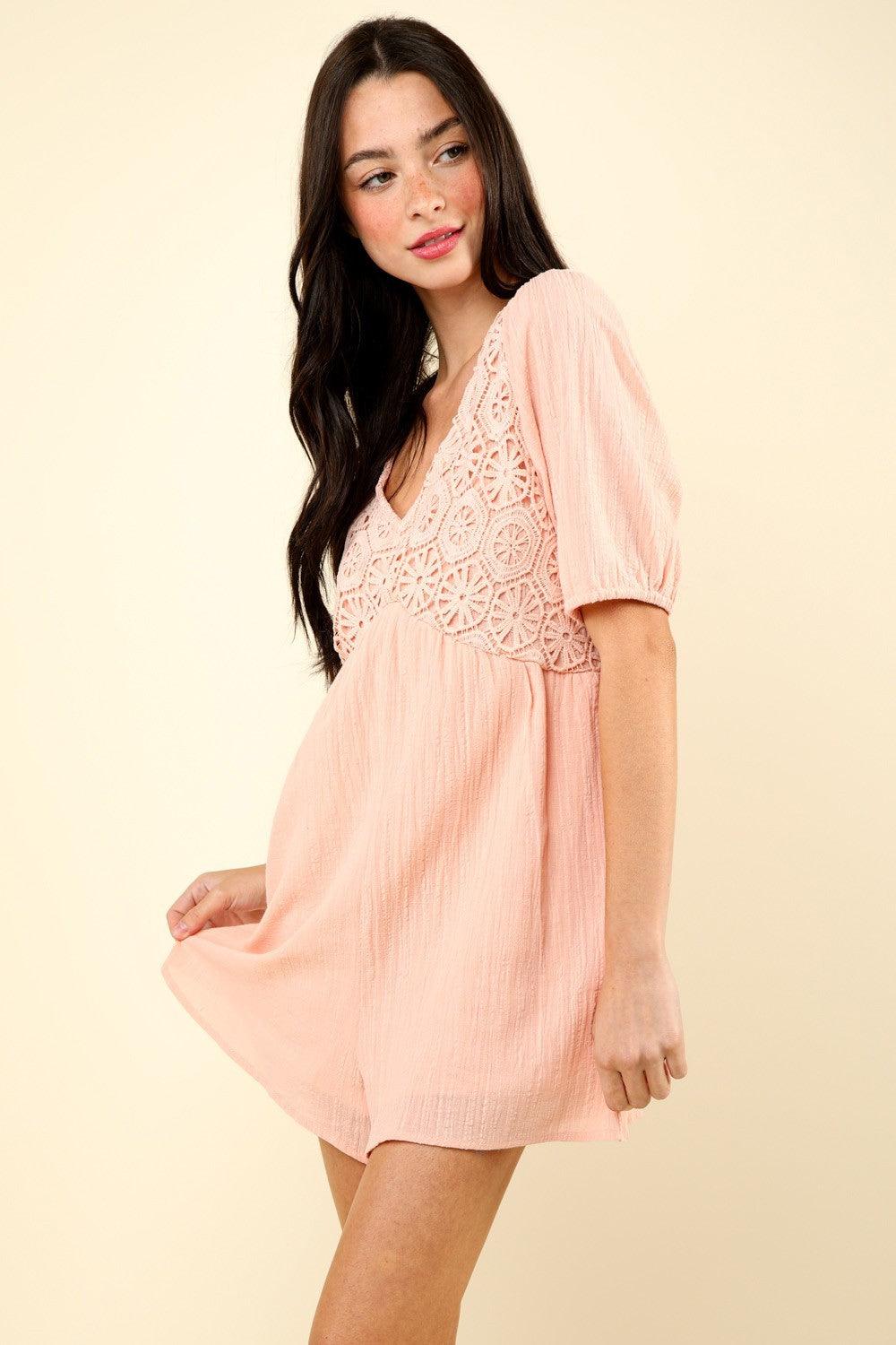 Lace Detail Puff Sleeve Romper with Pockets