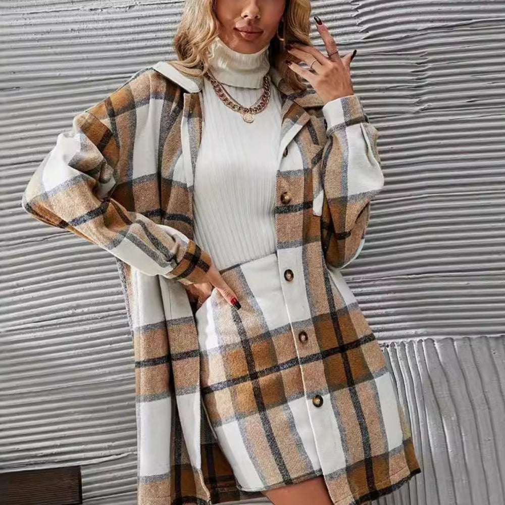 
                      
                        Plaid Button Up Long Sleeve Coat and Skirt Set
                      
                    