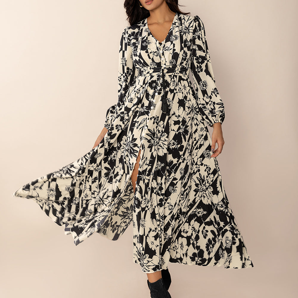 
                  
                    Tied Printed V-Neck Long Sleeve Midi Dress
                  
                