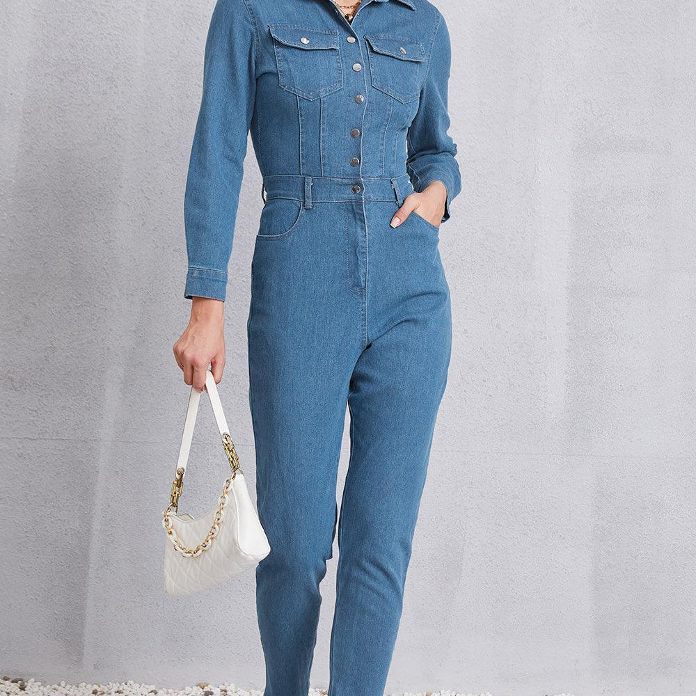 
                      
                        Snap Down Denim Jumpsuit with Pockets
                      
                    