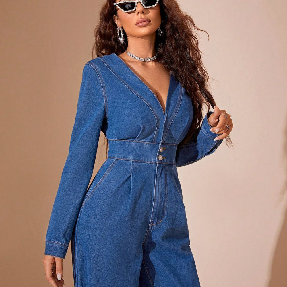 
                  
                    Plunge Long Sleeve Wide Leg Denim Jumpsuit
                  
                