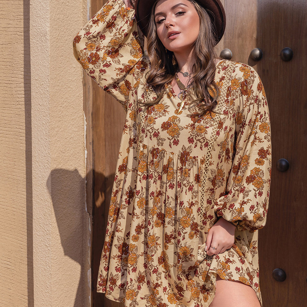 Printed V-Neck Balloon Sleeve Mini Dress