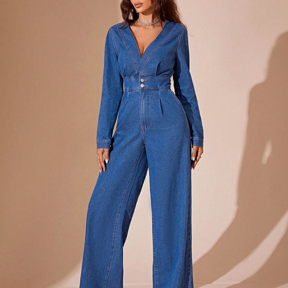 Plunge Long Sleeve Wide Leg Denim Jumpsuit