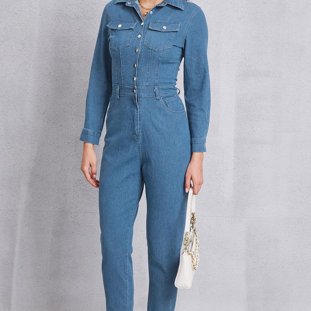 
                      
                        Snap Down Denim Jumpsuit with Pockets
                      
                    