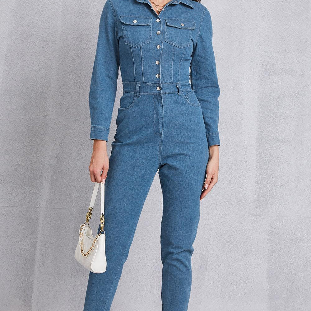 
                      
                        Snap Down Denim Jumpsuit with Pockets
                      
                    