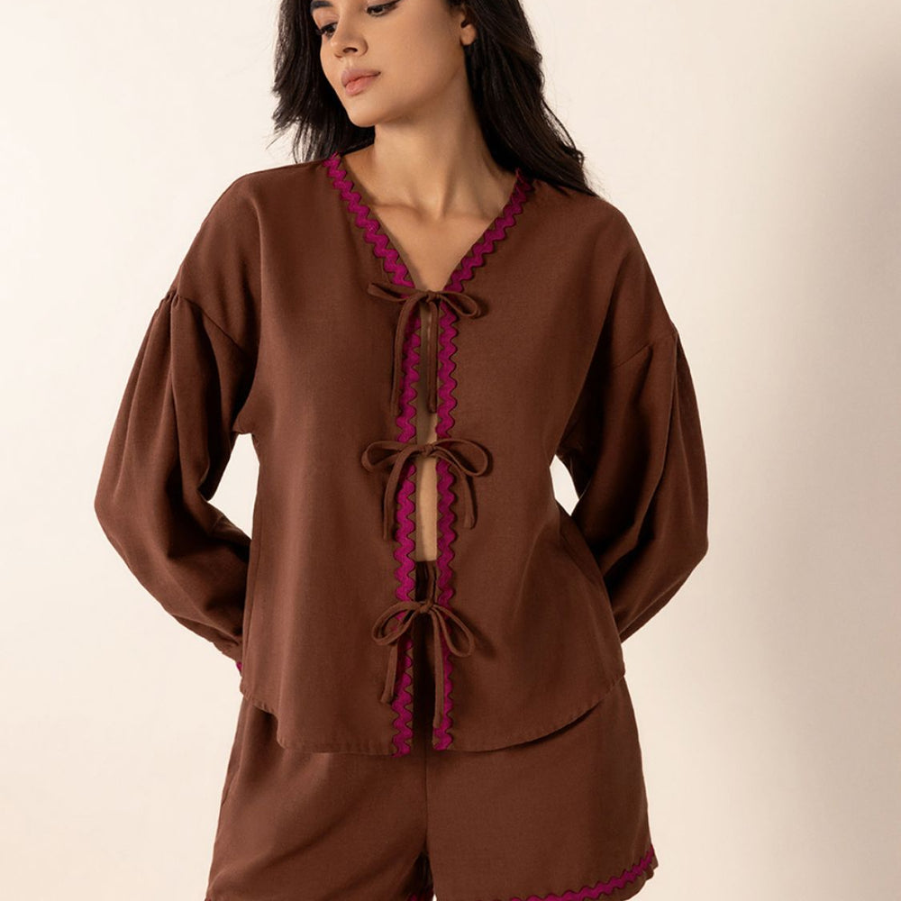 Tied V-Neck Long Sleeve Top and Shorts Set